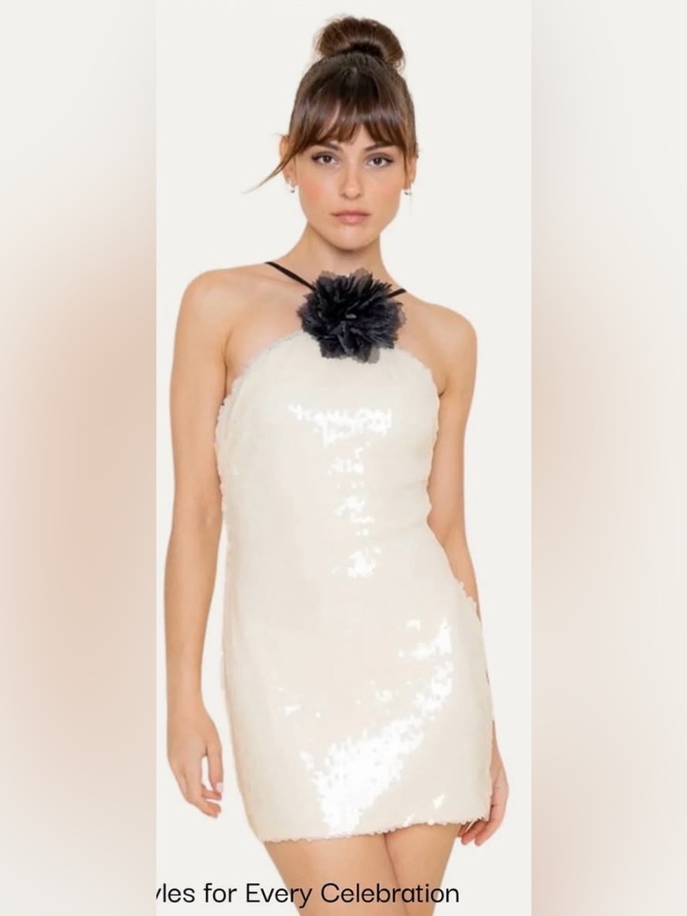 Ivory Sequin Halter Mini Dress with Black Floral Neck Detail